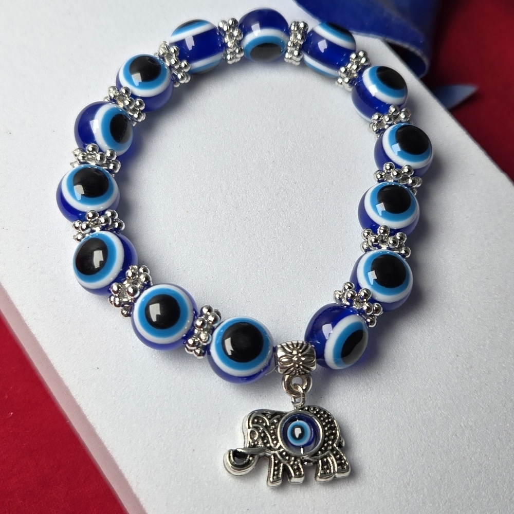 Blue Evil Eye Nazar Stretch Bracelet Lucky Elephant Charm Protection Jewelry